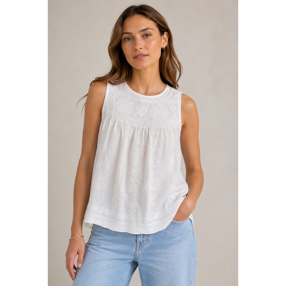 J.McLaughlin White Embroidered Linen Cotton Sleeveless Blouse XS Boho Summer Top